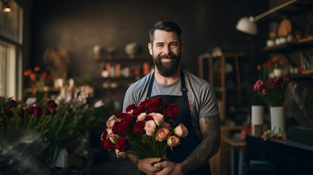 Portrait of a handsome bearded man florist holding a bouquet of flowers.の素材