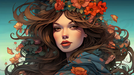 Beautiful young woman with flowers in her hair. Vector illustration.の素材