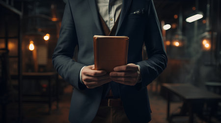 A man in a suit holds a book in his hands. The concept of knowledge and education.の素材