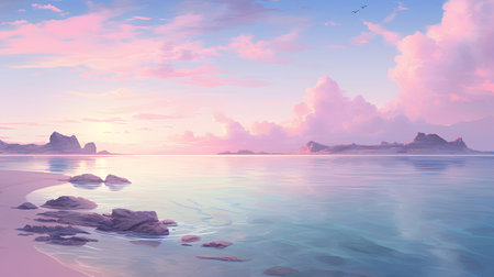 Seascape at sunset. 3d render. Vector illustration.の素材
