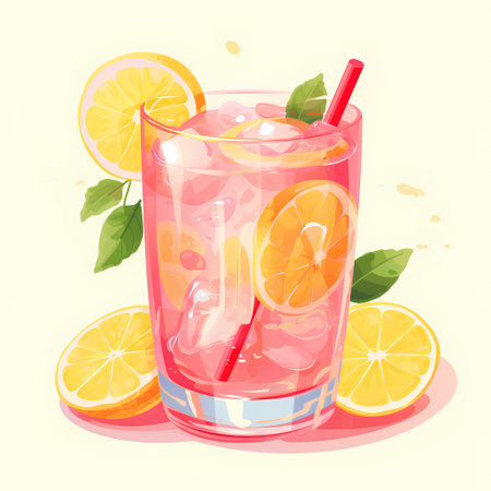 Vector illustration of a glass of lemonade with ice and lemon slicesの素材
