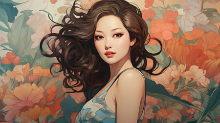 Beautiful young woman with long hair and flowers. Vector illustration.の素材