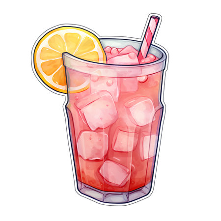 Cocktail with lemon, ice and straw. Vector illustration.の素材