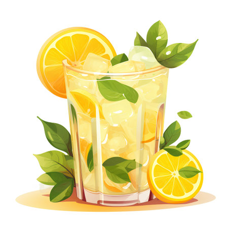 Glass of lemonade with ice cubes and lemon slices. Vector illustrationの素材