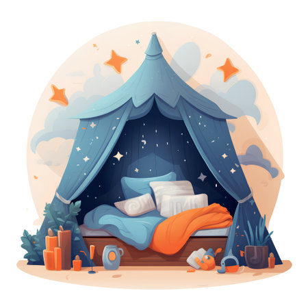 Camping tent with canopy and bed. Vector illustration in cartoon styleの素材