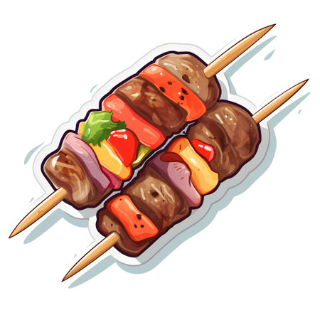Skewers of meat on wooden skewers. Vector illustrationの素材