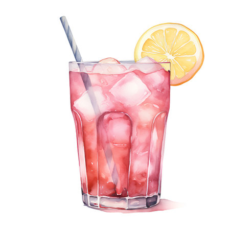 Watercolor illustration of a cocktail with ice cubes, lemon and strawの素材