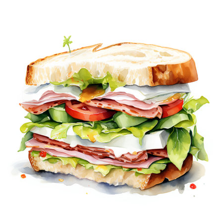 Sandwich with ham, cheese, tomato and lettuce. Watercolor illustrationの素材