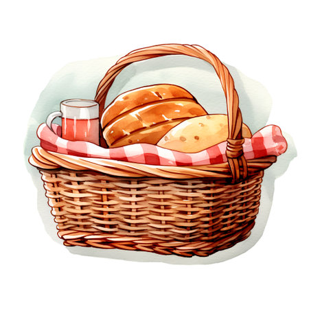Basket with bread. Watercolor hand drawn illustration on white backgroundの素材