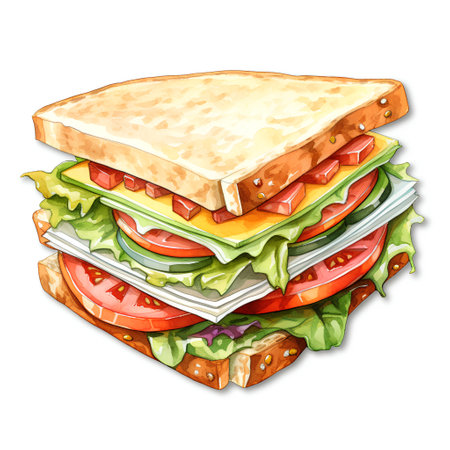 Sandwich with ham, cheese, tomato and lettuce. Vector illustration.の素材