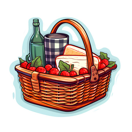 Picnic basket with food. Vector illustration in doodle style.の素材