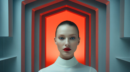 3d illustration of a beautiful woman with red lips in an open doorの素材