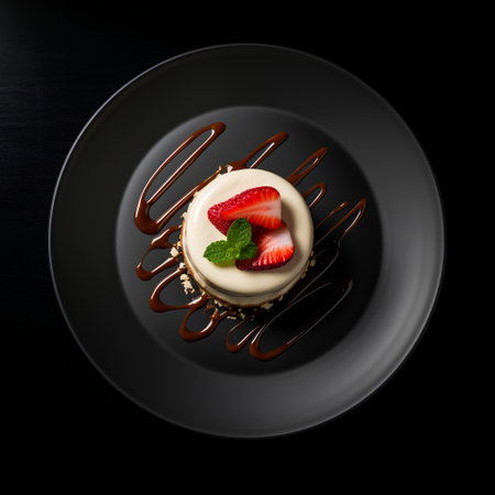 Panna cotta with strawberries and chocolate on a black plate.の素材