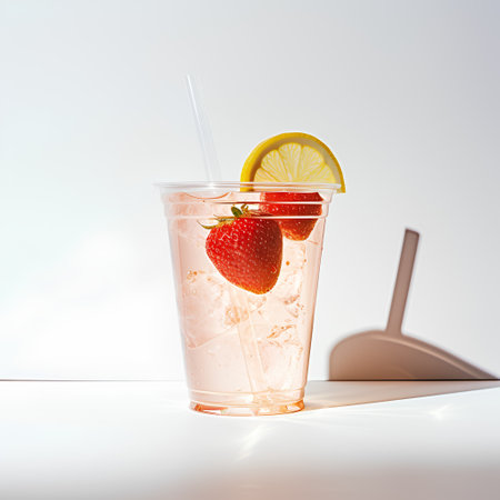 Cocktail with lemon and strawberry on a white background. 3d renderingの素材
