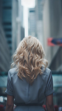 Back view of businesswoman with curly blond hair looking at city.の素材