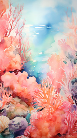 Watercolor seascape with coral reef. Hand drawn illustration.の素材