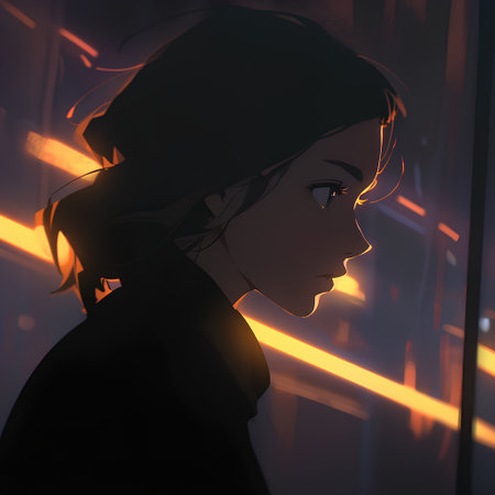 Portrait of a beautiful woman in a dark room with neon lightの素材