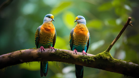 Pair of colorful parrots sitting on a branch in the forestの素材