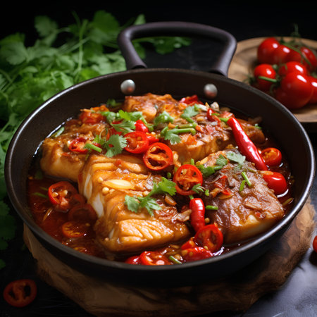 Korean food Stir-fried fish in sweet and sour sauce with vegetablesの素材
