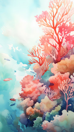 Watercolor seascape with coral reef. Hand drawn illustration.の素材