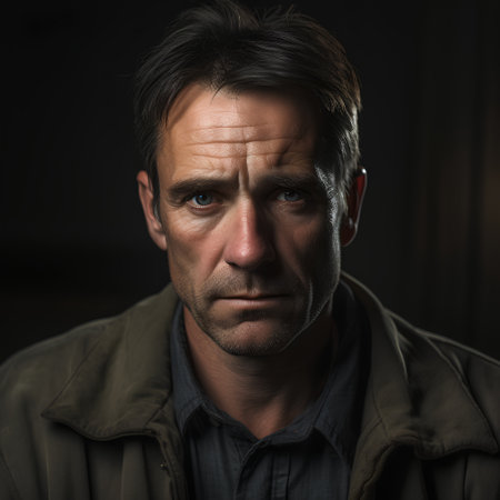 Portrait of a middle-aged man in a dark room.の素材