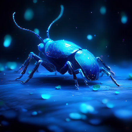 Blue beetle on a dark background. 3D illustration. Blue beetle.の素材