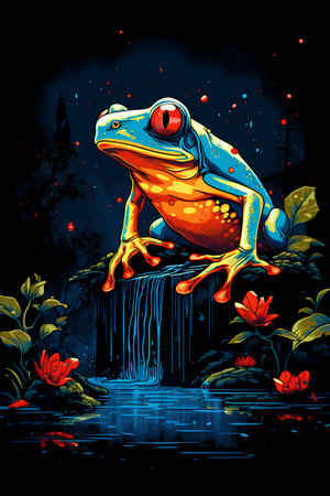 illustration of a frog in the jungle on a dark background.の素材
