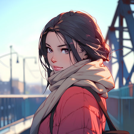 beautiful girl in a red coat on the bridge. 3d illustrationの素材