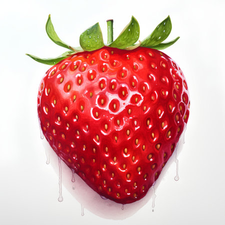 Watercolor painting of a fresh strawberry with drops of water on a white backgroundの素材