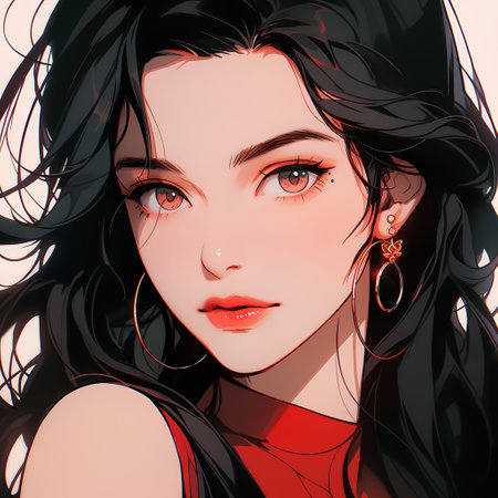Portrait of a beautiful young woman with long black hair. Vector illustration.の素材