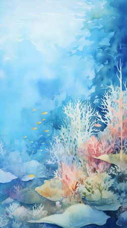 Watercolor background with coral reef and fish. Hand drawn illustration.の素材