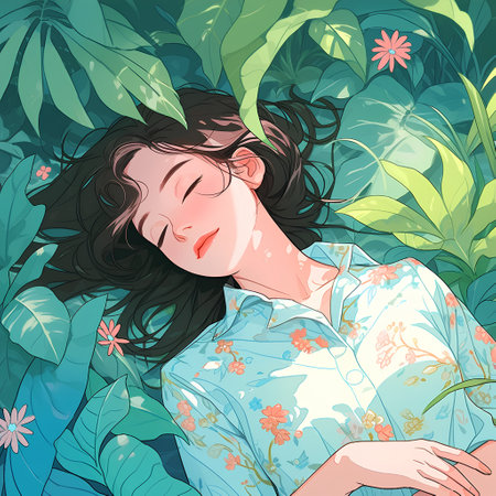 Beautiful girl sleeping in the tropical jungle. Vector illustration in sketch style.の素材