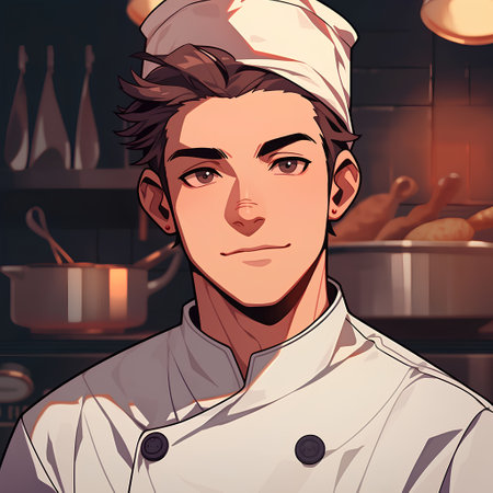Portrait of a young male chef in the kitchen. Vector illustration.の素材