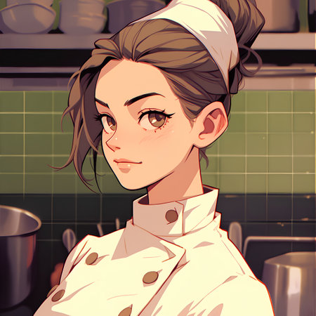 Beautiful young woman chef in the kitchen. Retro stylized illustration.の素材