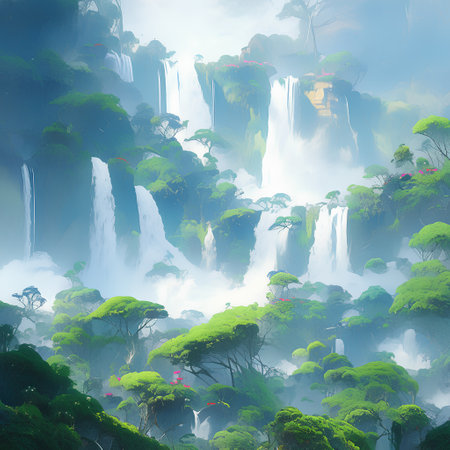 Waterfall in deep rain forest. Waterfall landscape background. 3d illustrationの素材