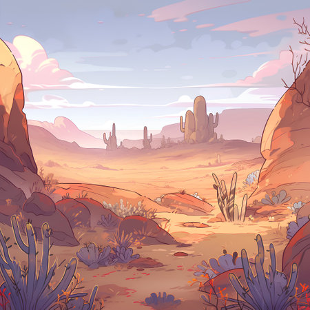 Desert landscape with cactuses and mountains. Vector illustration in cartoon styleの素材