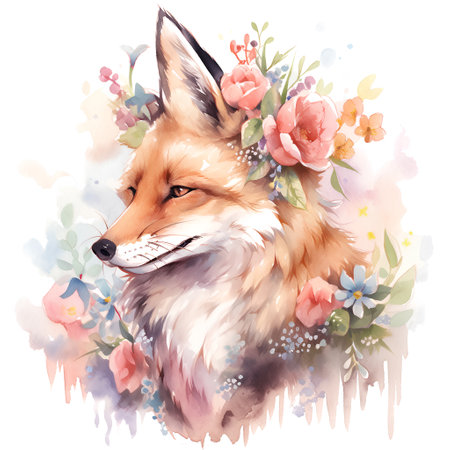Watercolor portrait of a fox with flowers, isolated on white backgroundの素材