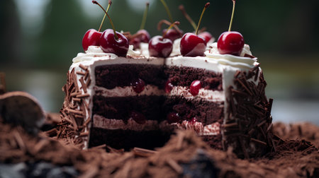 Chocolate cake with cherries and whipped cream on a dark backgroundの素材
