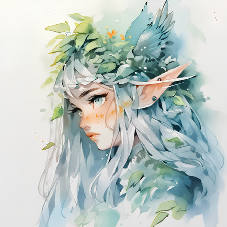 Watercolor portrait of a beautiful fairy girl with wings and flowers.の素材