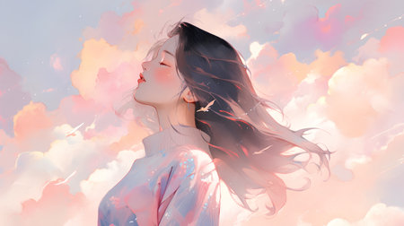 3D Illustration of a beautiful girl with long hair on a background of clouds.の素材