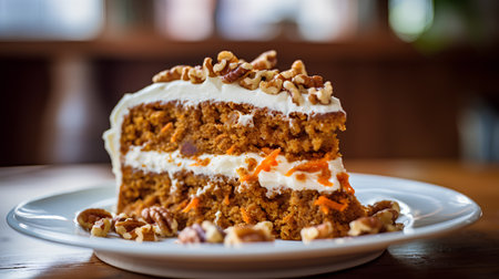 Carrot cake with whipped cream and nuts on a wooden table.の素材