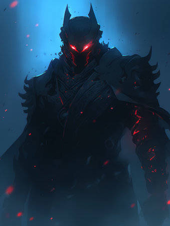 Fantasy illustration of a knight in armor with red glow on a dark backgroundの素材