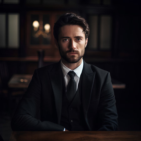 Portrait of a handsome businessman sitting in a restaurant. Men's beauty, fashion.の素材