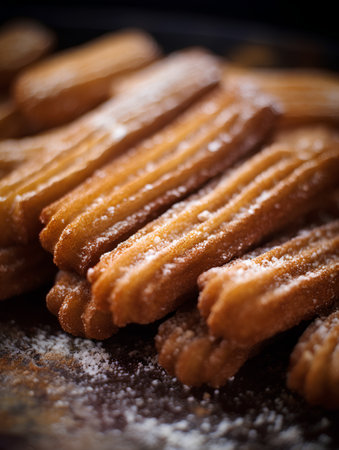 Homemade churros on a black background. Selective focus. Toned.の素材
