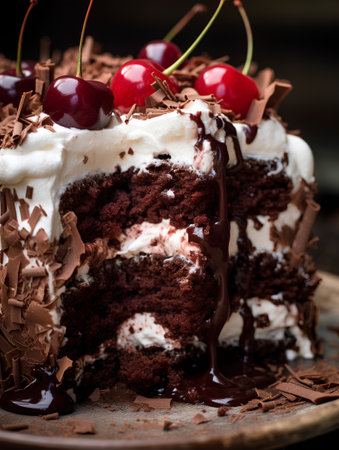 Chocolate cake with whipped cream and cherries on a dark backgroundの素材