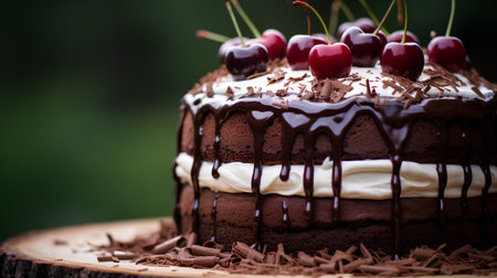 Chocolate cake with cherries and chocolate glaze on a wooden backgroundの素材