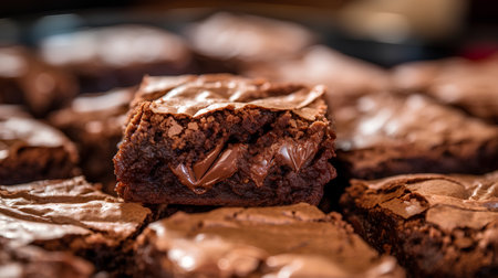 Chocolate brownies on a wooden background. Selective focus.の素材