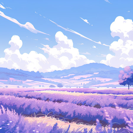 Lavender field with blue sky and clouds. Vector illustration.の素材