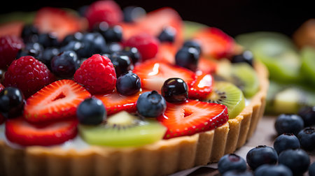 Tart with fresh berries and fruits on a dark background. Selective focus.の素材