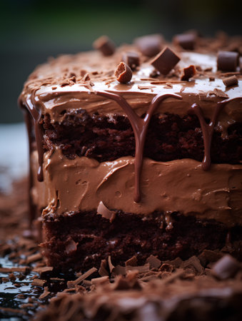 Delicious chocolate cake with chocolate glaze on dark background. Toned.の素材
